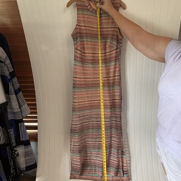 Women's Nina Leonard Crochet Striped Halter Maxi Dress LG  Coral Turquoise Boho - Picture 14 of 16